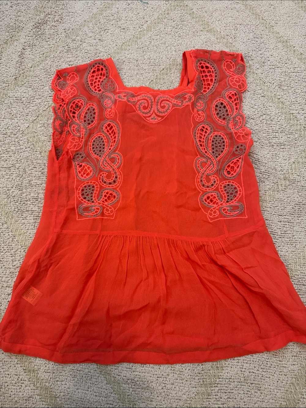 iSato Neon Coral Embroidered Mesh Blouse Paisley Sheer Top Size Small - Picture 3 of 3